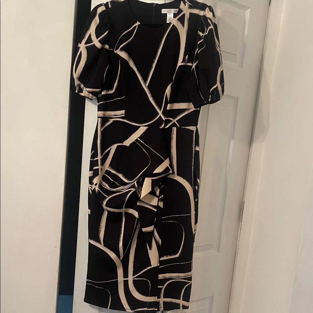 London Times Black and Cream Abstract Midi Dress